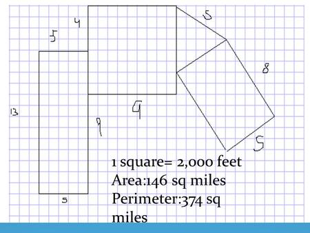 1 square= 2,000 feet Area:146 sq miles Perimeter:374 sq miles.