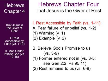 Hebrews Chapter Four That Jesus is the Giver of Rest Hebrews Chapter 4 That Jesus is the Giver of Rest I. Rest Accessible by Faith (vs. 1-11) II. Man Under.