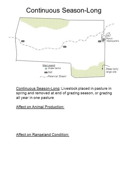Continuous Season-Long Ranch Headquarters Water tanks Salt Perennial Stream Map Legend Steep rocky range site Continuous Season-Long: Livestock placed.