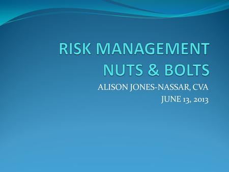 ALISON JONES-NASSAR, CVA JUNE 13, 2013. RISK MANAGEMENT NUTS & BOLTS The problem is that the work of many nonprofit organizations, and specifically the.