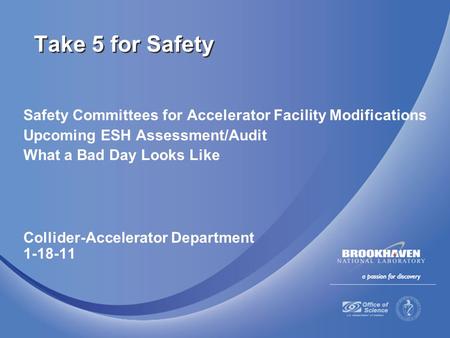 Safety Committees for Accelerator Facility Modifications Upcoming ESH Assessment/Audit What a Bad Day Looks Like Collider-Accelerator Department 1-18-11.
