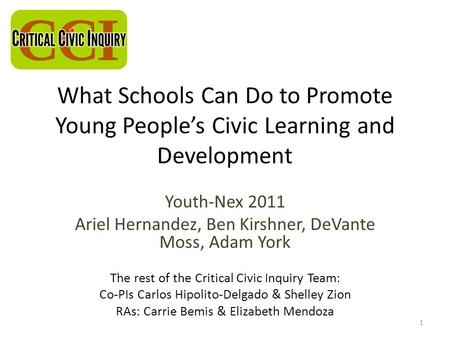 What Schools Can Do to Promote Young Peoples Civic Learning and Development Youth-Nex 2011 Ariel Hernandez, Ben Kirshner, DeVante Moss, Adam York The rest.