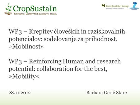 WP3 – Krepitev človeških in raziskovalnih potencialov: sodelovanje za prihodnost, »Mobilnost« WP3 – Reinforcing Human and research potential: collaboration.