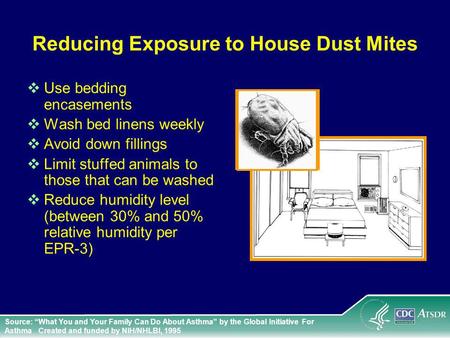 Reducing Exposure to House Dust Mites Use bedding encasements Wash bed linens weekly Avoid down fillings Limit stuffed animals to those that can be washed.