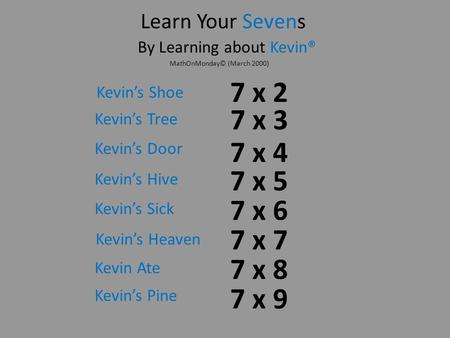 7 x 8 7 x 5 7 x 2 Learn Your Sevens By Learning about Kevin® 7 x 3 7 x 4 7 x 7 7 x 9 7 x 6 Kevins Pine Kevins Tree Kevins Door Kevins Hive Kevins Sick.