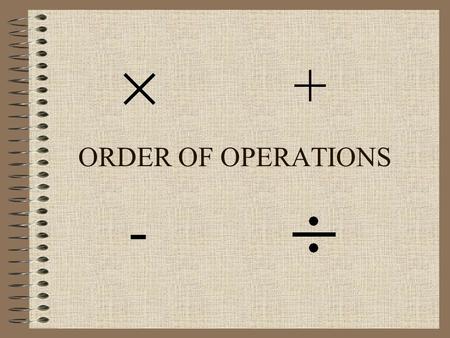 ORDER OF OPERATIONS + -. 1. Parentheses 2. Exponents 3. Multiplication or division (in order from left to right) 4. Addition or subtraction (in order.