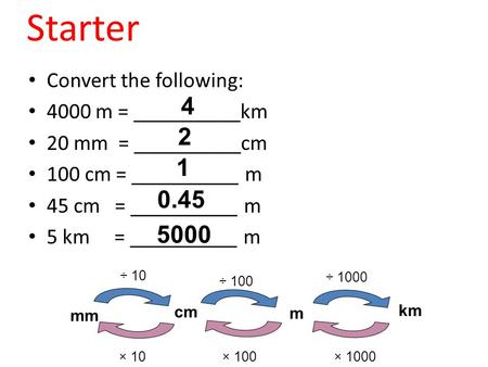 Starter Convert the following: 4000 m = __________km