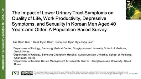 Interna tional Neurourology Journal 2015;19:120-129 The Impact of Lower Urinary Tract Symptoms on Quality of Life, Work Productivity, Depressive Symptoms,