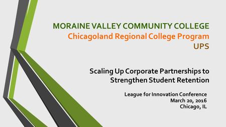 MORAINE VALLEY COMMUNITY COLLEGE Chicagoland Regional College Program UPS Scaling Up Corporate Partnerships to Strengthen Student Retention League for.