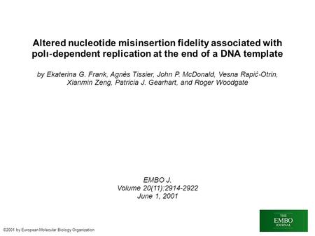 Altered nucleotide misinsertion fidelity associated with polι ‐ dependent replication at the end of a DNA template by Ekaterina G. Frank, Agnès Tissier,
