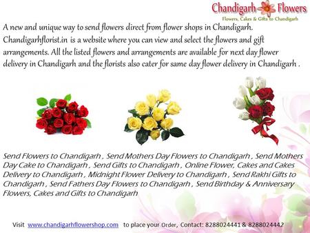 A new and unique way to send flowers direct from flower shops in Chandigarh. Chandigarhflorist.in is a website where you can view and select the flowers.
