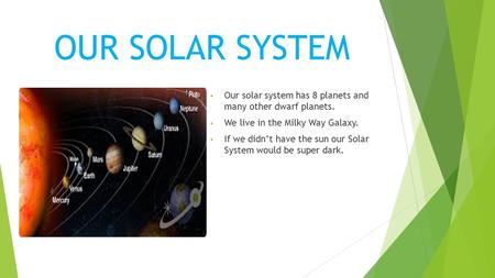OUR SOLAR SYSTEM Our solar system has 8 planets and many other dwarf planets. We live in the Milky Way Galaxy. If we didn’t have the sun our Solar System.
