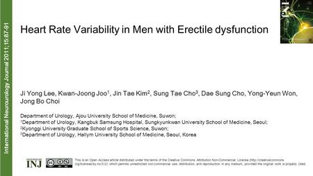 Heart Rate Variability in Men with Erectile dysfunction Ji Yong Lee, Kwan-Joong Joo 1, Jin Tae Kim 2, Sung Tae Cho 3, Dae Sung Cho, Yong-Yeun Won, Jong.