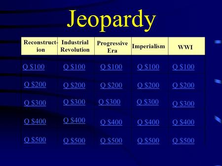 Jeopardy Reconstruct- ion Industrial Revolution Progressive Era Imperialism WWI Q $100 Q $200 Q $300 Q $400 Q $500 Q $100 Q $200 Q $300 Q $400 Q $500.