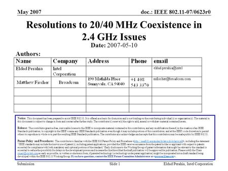 Doc.: IEEE 802.11-07/0623r0 Submission May 2007 Eldad Perahia, Intel CorporationSlide 1 Resolutions to 20/40 MHz Coexistence in 2.4 GHz Issues Notice: