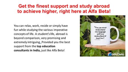 Get the finest support and study abroad to achieve higher, right here at Alfa Beta! You can relax, work, reside or simply have fun while studying the various.