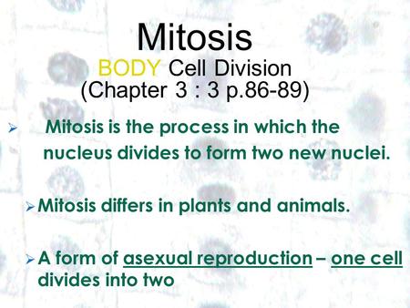 1 1 Mitosis BODY Cell Division (Chapter 3 : 3 p.86-89)  Mitosis is the process in which the nucleus divides to form two new nuclei.  Mitosis differs.