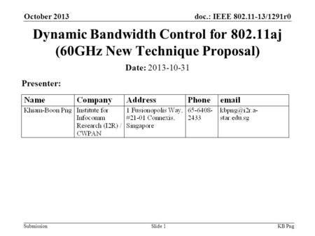 Doc.: IEEE 802.11-13/1291r0 SubmissionSlide 1 Date: 2013-10-31 Presenter: Dynamic Bandwidth Control for 802.11aj (60GHz New Technique Proposal) KB Png.