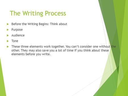 The Writing Process  Before the Writing Begins: Think about  Purpose  Audience  Tone  These three elements work together. You can’t consider one without.