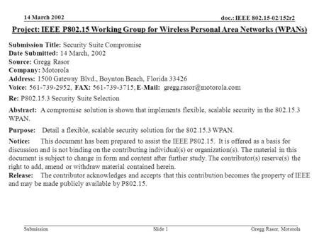 14 March 2002 doc.: IEEE 802.15-02/152r2 Gregg Rasor, MotorolaSlide 1Submission Project: IEEE P802.15 Working Group for Wireless Personal Area Networks.