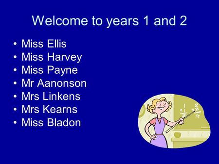 Welcome to years 1 and 2 Miss Ellis Miss Harvey Miss Payne Mr Aanonson Mrs Linkens Mrs Kearns Miss Bladon.