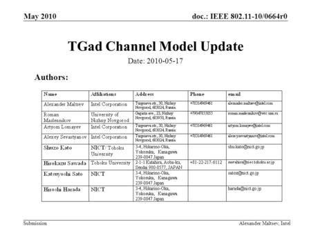 Doc.: IEEE 802.11-10/0664r0 Submission May 2010 Alexander Maltsev, Intel TGad Channel Model Update Authors: Date: 2010-05-17.