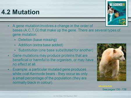 (c) McGraw Hill Ryerson Mutation A gene mutation involves a change in the order of bases (A,C,T,G) that make up the gene. There are several types.