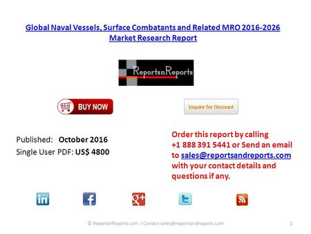 Global Naval Vessels, Surface Combatants and Related MRO Market Research Report Published: October 2016 Single User PDF: US$ 4800 Order this.