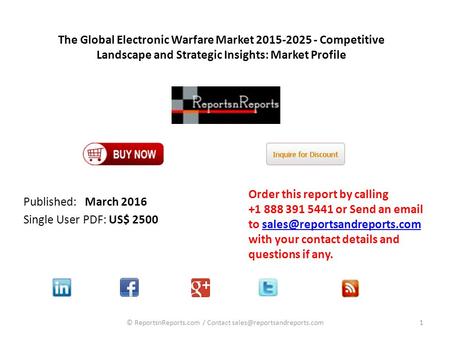 The Global Electronic Warfare Market Competitive Landscape and Strategic Insights: Market Profile Published: March 2016 Single User PDF: US$
