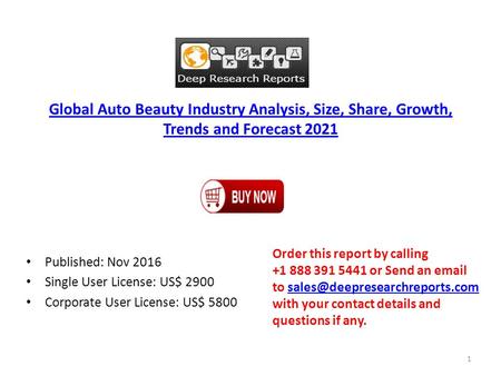 Global Auto Beauty Industry Analysis, Size, Share, Growth, Trends and Forecast 2021 Published: Nov 2016 Single User License: US$ 2900 Corporate User License: