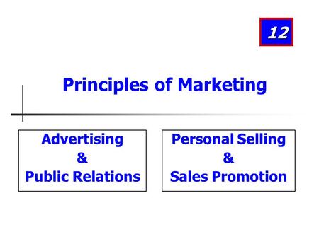 Advertising & Public Relations 12 Principles of Marketing Personal Selling & Sales Promotion.