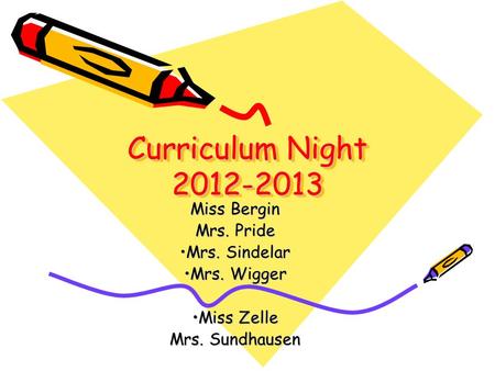Curriculum Night Miss Bergin Mrs. Pride Mrs. SindelarMrs. Sindelar Mrs. WiggerMrs. Wigger Miss ZelleMiss Zelle Mrs. Sundhausen.