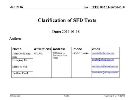Submission doc.: IEEE /0043r0 Jan 2016 John Son et al., WILUSSlide 1 Clarification of SFD Texts Date: Authors: