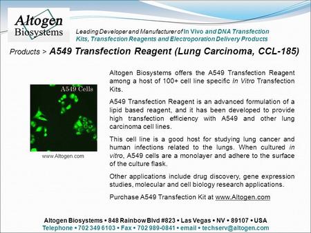 Products > A549 Transfection Reagent (Lung Carcinoma, CCL-185) Altogen Biosystems offers the A549 Transfection Reagent among a host of 100+ cell line specific.