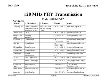 Doc.: IEEE /0778r0 Submission Zhendong Luo, CATR July MHz PHY Transmission Date: Authors: Slide 1.