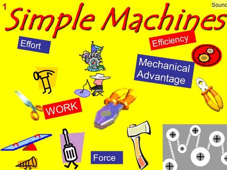 Simple Machines W O R K M e c h a n i c a l A d v a n t a g e Force Effort E f f i c i e n c y 1 Sound.