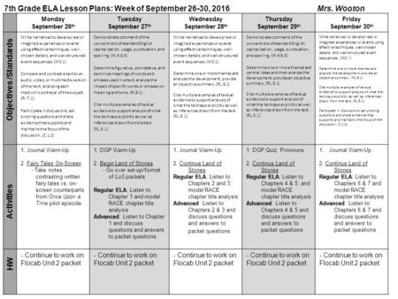 7th Grade ELA Lesson Plans: Week of September 26-30, 2016 Mrs. Wooton Monday September 26 th Tuesday September 27 th Wednesday September 28 th Thursday.
