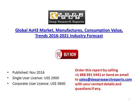 Global AsH3 Market, Manufactures, Consumption Value, Trends Industry Forecast Published: Nov 2016 Single User License: US$ 2900 Corporate User.
