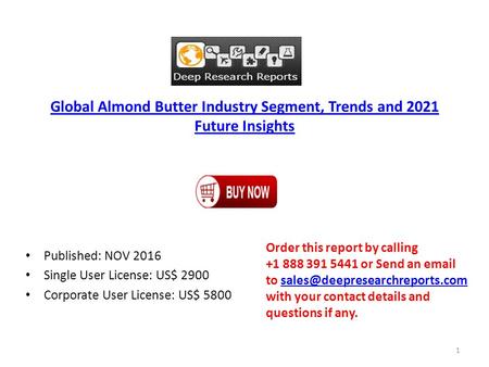 Global Almond Butter Industry Segment, Trends and 2021 Future Insights Published: NOV 2016 Single User License: US$ 2900 Corporate User License: US$ 5800.