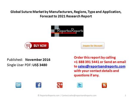 Global Suture Market by Manufacturers, Regions, Type and Application, Forecast to 2021 Research Report Published: November 2016 Single User PDF: US$ 3480.