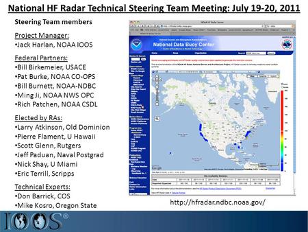 National HF Radar Technical Steering Team Meeting: July 19-20, 2011 Steering Team members Project Manager: Jack Harlan, NOAA IOOS Federal Partners: Bill.