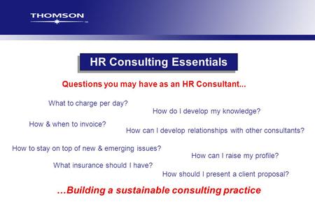 What to charge per day? How can I raise my profile? HR Consulting Essentials …Building a sustainable consulting practice How should I present a client.