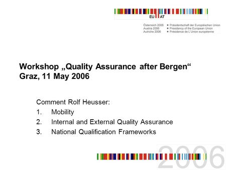 Workshop Quality Assurance after Bergen Graz, 11 May 2006 Comment Rolf Heusser: 1.Mobility 2.Internal and External Quality Assurance 3.National Qualification.