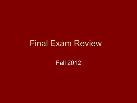 Final Exam Review Fall 2012. Segregation The legal separation of different groups of people.