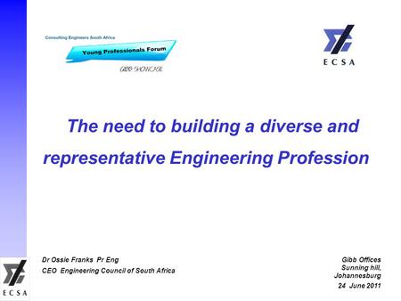 The need to building a diverse and representative Engineering Profession Dr Ossie Franks Pr Eng CEO Engineering Council of South Africa Gibb Offices Sunning.