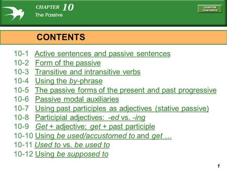 1 10-1 Active sentences and passive sentencesActive sentences and passive sentences 10-2 Form of the passiveForm of the passive 10-3 Transitive and intransitive.