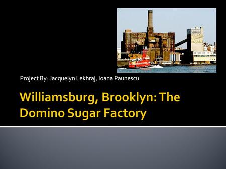 Project By: Jacquelyn Lekhraj, Ioana Paunescu. The Domino Sugar Refinery is located on Kent Avenue in Williamsburg, Brooklyn. It was officially closed.