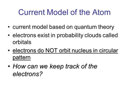 Current Model of the Atom current model based on quantum theory electrons exist in probability clouds called orbitals electrons do NOT orbit nucleus in.