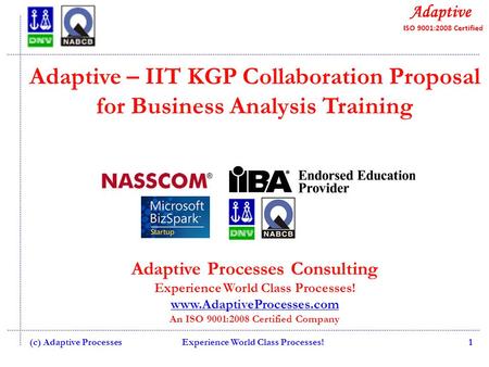 Adaptive – IIT KGP Collaboration Proposal for Business Analysis Training Adaptive Processes Consulting Experience World Class Processes! www.AdaptiveProcesses.com.