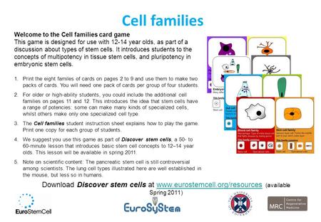 Cell families Welcome to the Cell families card game